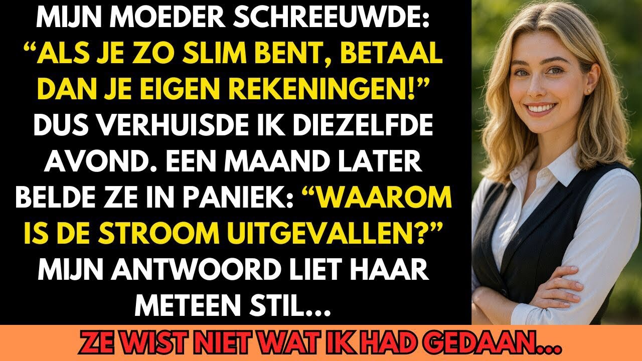 De stroom viel uit en mijn telefoon lichtte op. Mijn moeder, in paniek, schreeuwde door de lijn. "Sarah, waarom is de stroom uitgevallen? Wat heb je gedaan?" Ik stond daar in mijn werkuniform,...