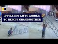 Little Chinese boy lifts ladder to rescue grandmother from fall