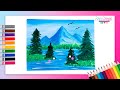 Cómo dibujar un PAISAJE DE LAGO con ACUARELA - dibujos de paisajes fáciles Paso a paso