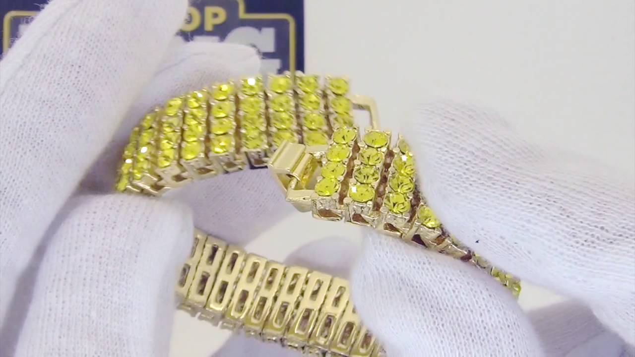 Hip Hop Bracelet | 4 Row Canary on Gold Bling Bling Bracelet