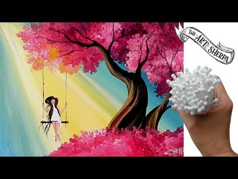 EASY Q-tip painting technique Cherry Tree How to draw girl on a swing