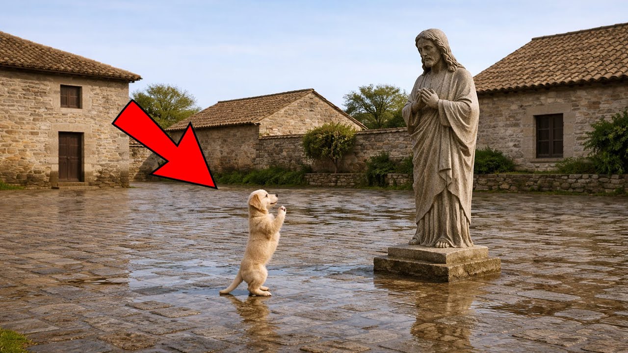 Un cucciolo implora aiuto davanti alla statua di Gesù — ciò che accade dopo resta per sempre
