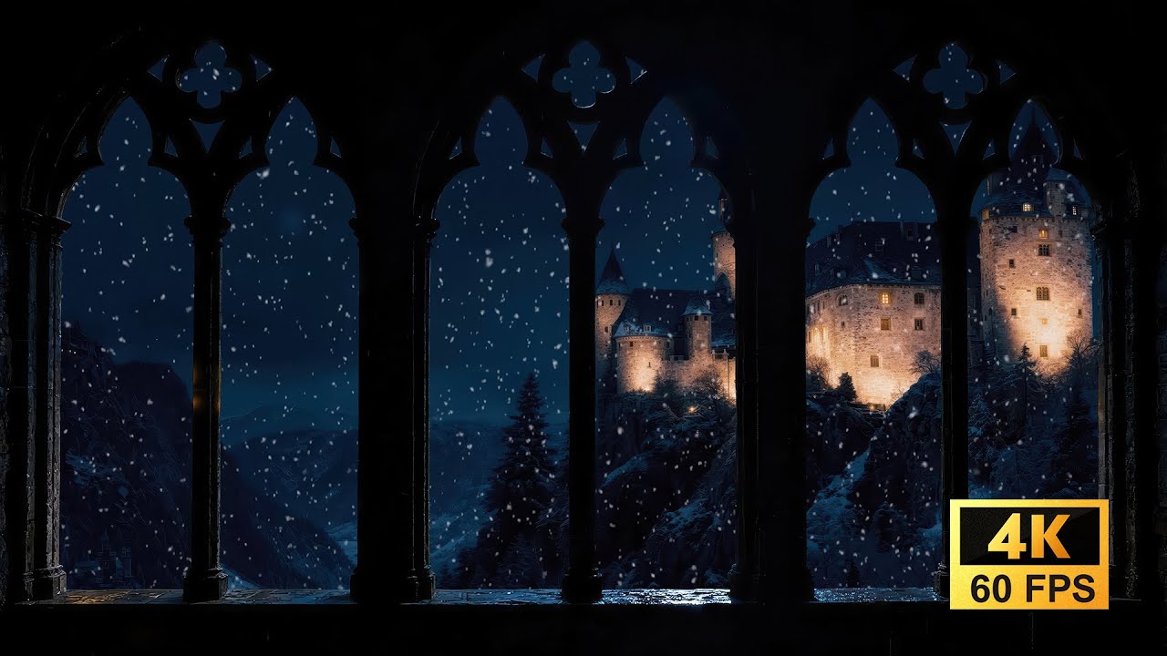 4K Medieval Castle Window View Snowy Night Ambience for Reading & Deep Sleep Projector Window