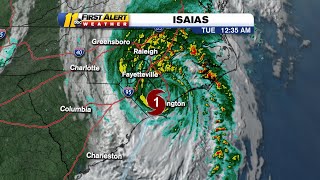 Hurricane Isaias advancing through North Carolina after landfall in Ocean Isle Beach