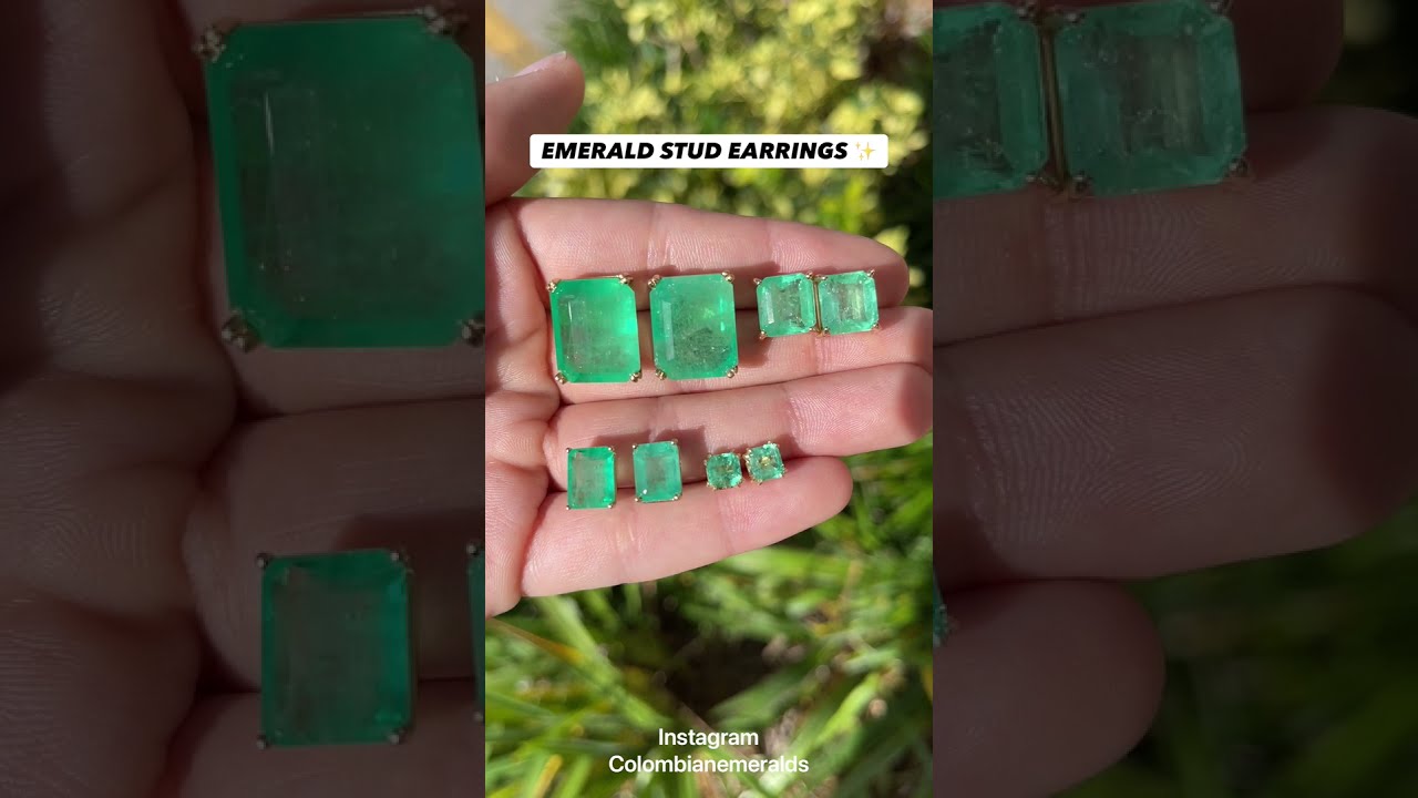 Women Real emerald large gold stud earrings 18K