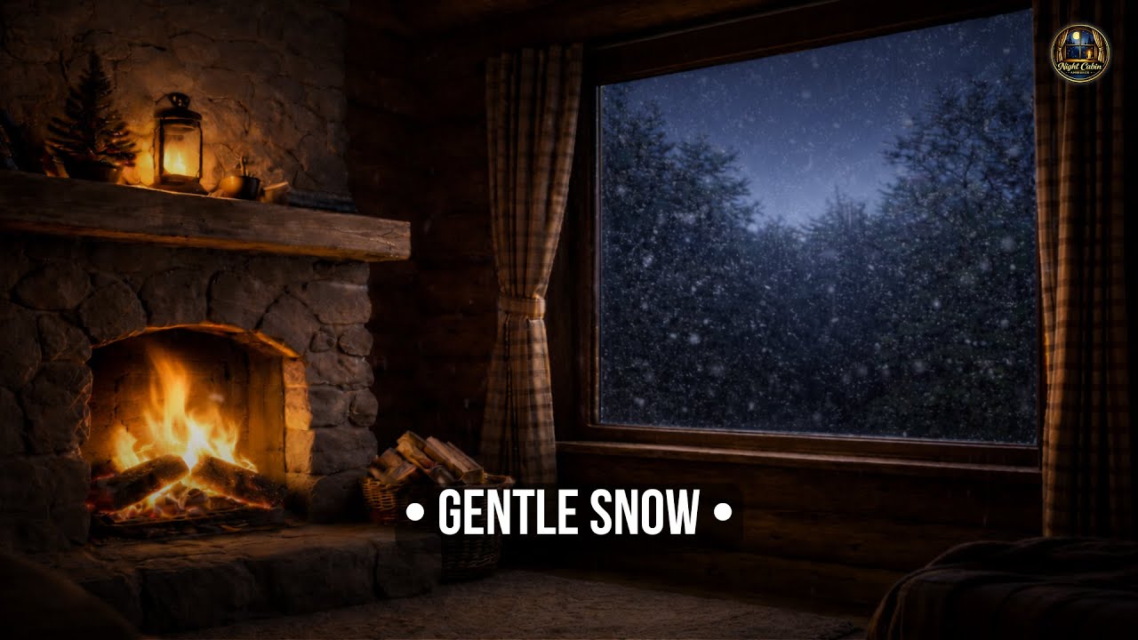 Night Cabin Ambience • Gentle Snow Outside + Fireplace Crackling + Wind 10 Hours Deep Sleep