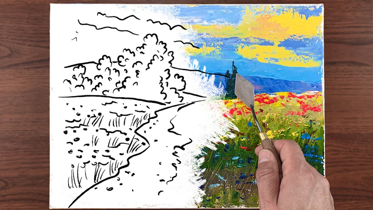 Field of Flowers Drawing | Easy Acrylic Palette Knife Painting