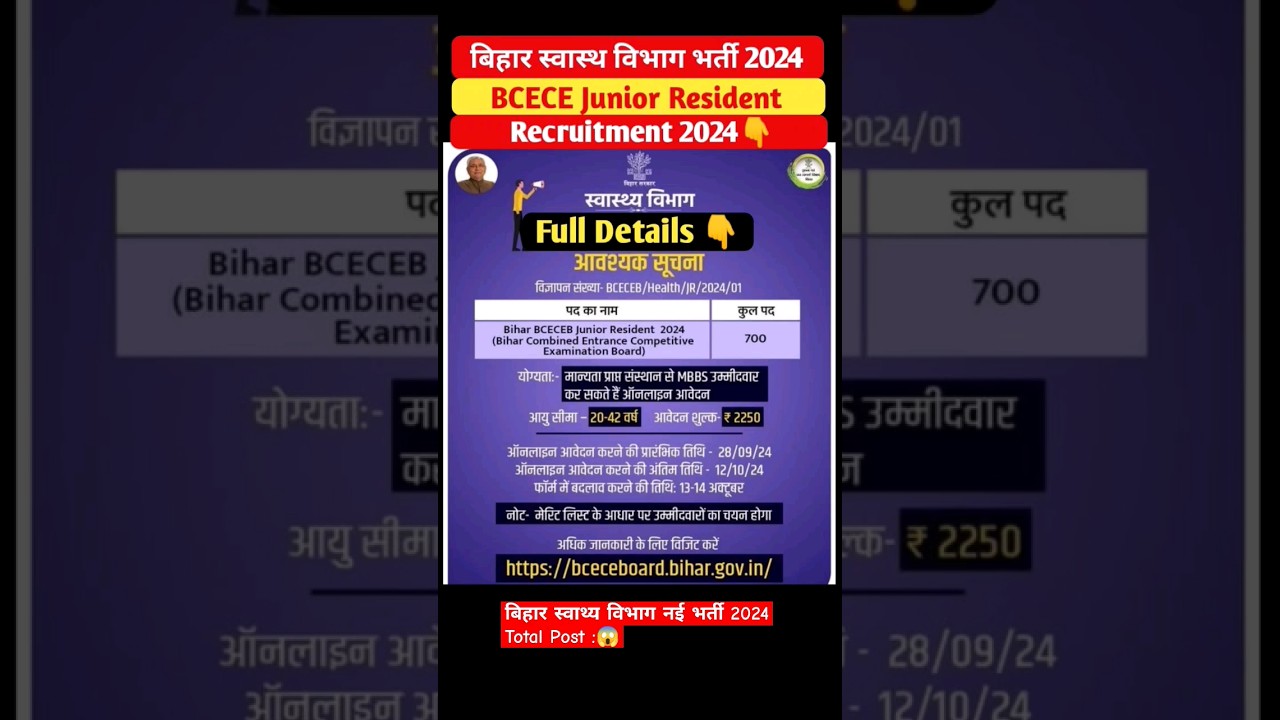 Bihar Health Department| BCECE Junior  Resident Recruitment 2024 