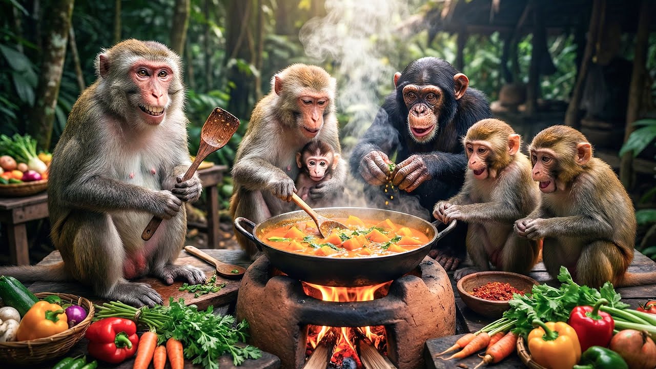 बंदरों ने बनाया पूरा देसी खाना 😱 | AI Monkey Cooking Cinematic Video | Monkey Village Adventures