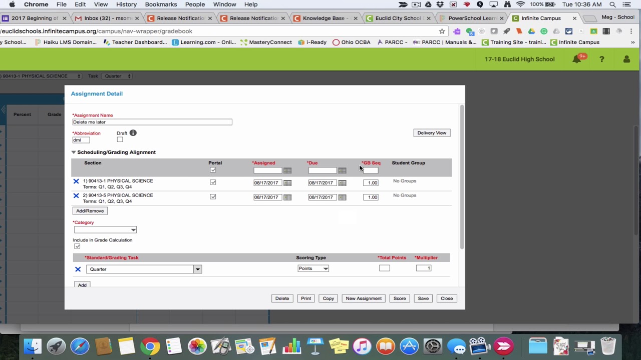 update adding an assignment in gradebook