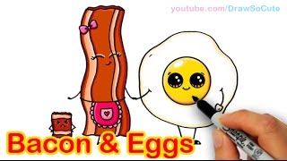 ⁣How to Draw Cartoon Bacon and Eggs Breakfast Cute and Easy