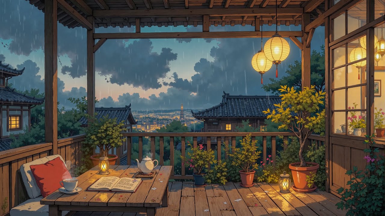 Lantern-Lit Balcony in the Rain ☕ Peaceful Japanese Night | Lofi Music to Unwind