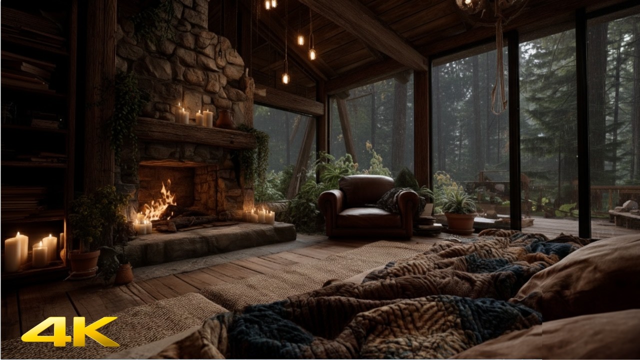 Cozy Cabin in Rainy Forest with Fireplace 🔥 Rain on Windows Sounds for Deep Sleep 3 Hours 4K