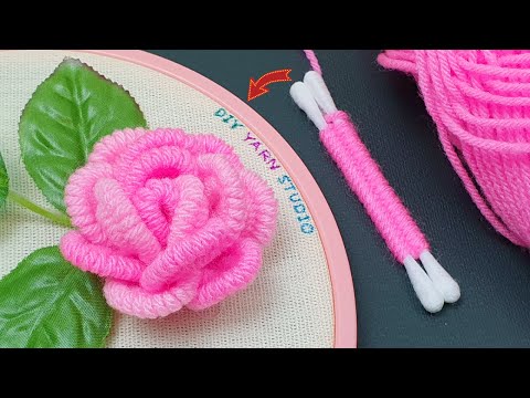 2Tones Woolen Rose Making with Cotton Bud -  Amazing Wool craft ideas at Home - No Crochet Flower