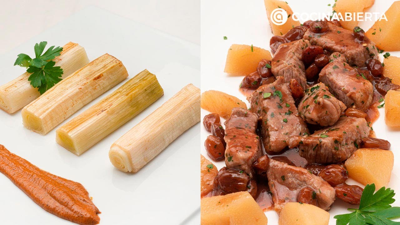 Puerros asados con salsa romesco - Cerdo salteado con salsa de Oporto - Cocina Abierta