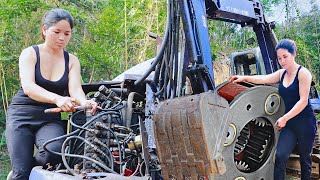 : Mechanic Girl repairs and restores excavator in deep forest, Genius Girl repair