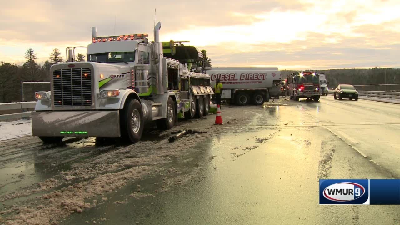 Overturned tanker truck causes traffic backups on I-93 - YouTube