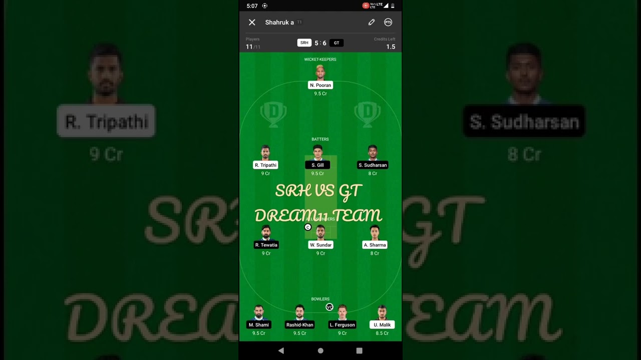SRH VS GT DREAM11 TEAM 