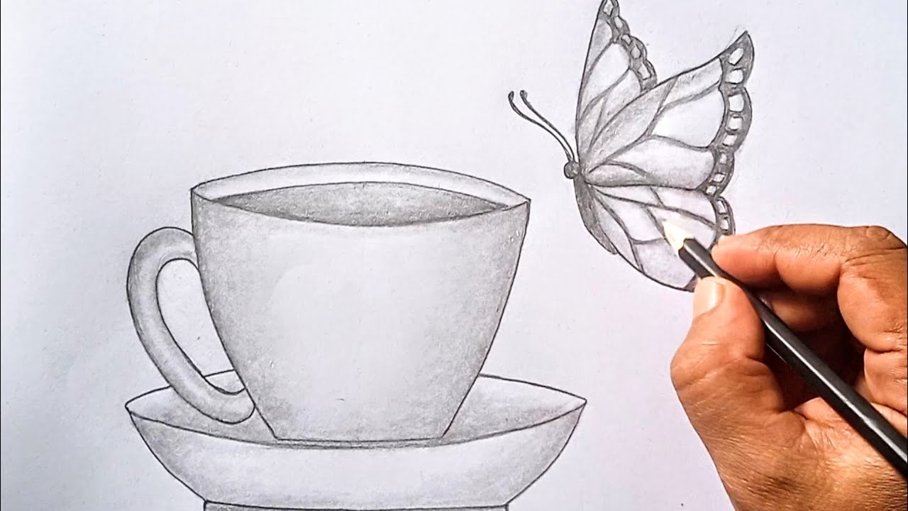 Easy tea cup with butterfly drawing ll teacup and butterfly sketch drawing for beginners ll
