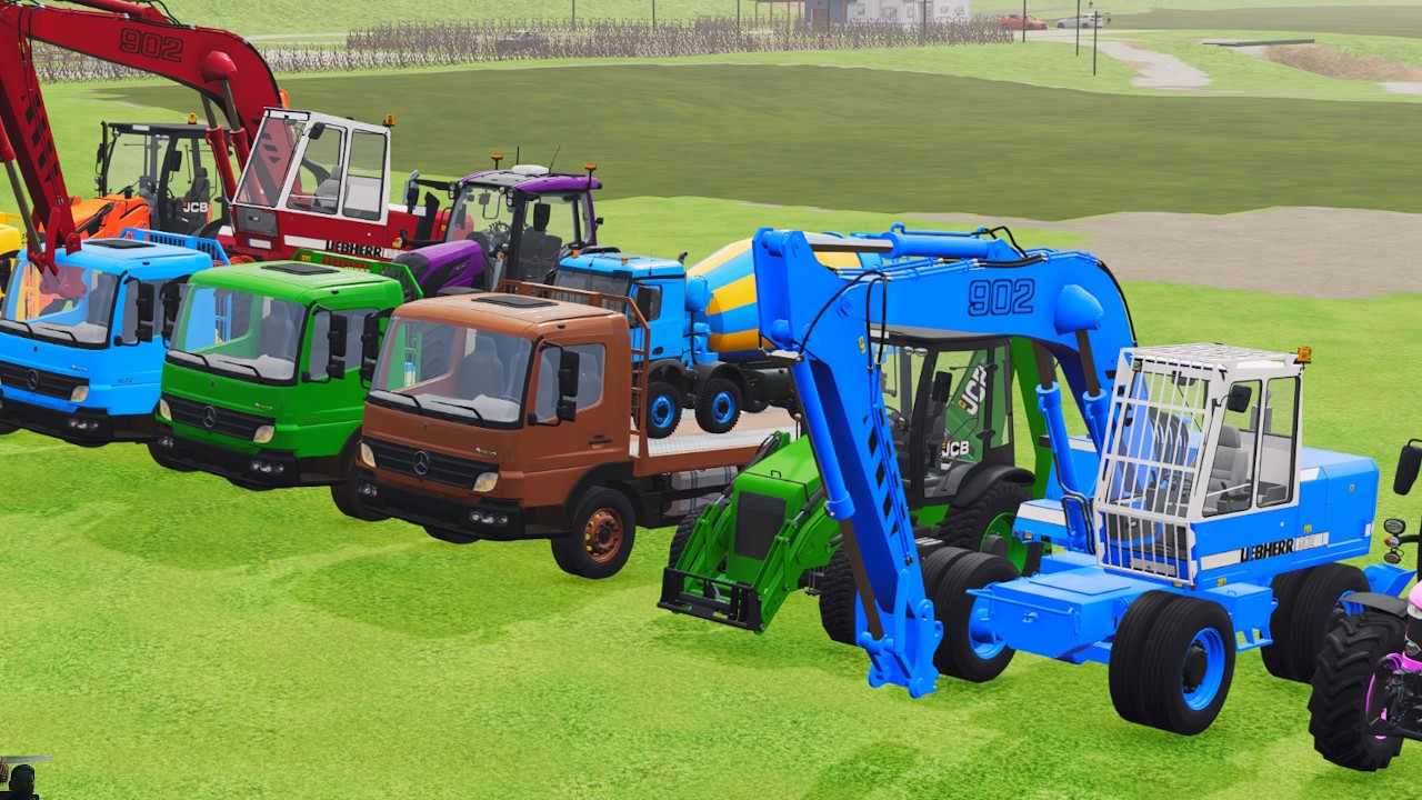 Транспортировка экскаватора, бетоносмесителя, трактора, экскаватора-погрузчика с грузовиком в игр...