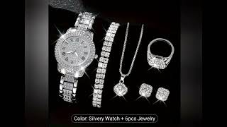 Rs 10$ 7Pcs Fashionable Womens Watch And Jewelry Set, Round Alloy Case Link In Discription Resimi