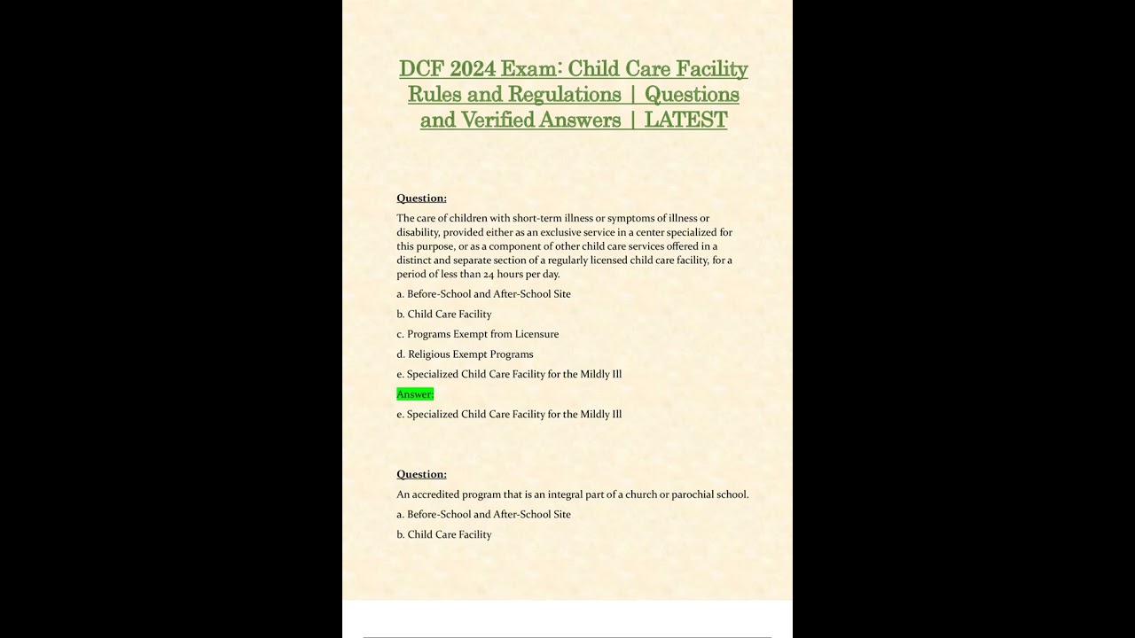 DCF 2024 EXAM CHILD CARE FACILITY RULES AND REGULATIONS QUESTIONS AND VERIFIED ANSWERS LATEST