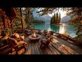A Summer Morning Cabin By The Lake Birds Singing Over Calm Water 