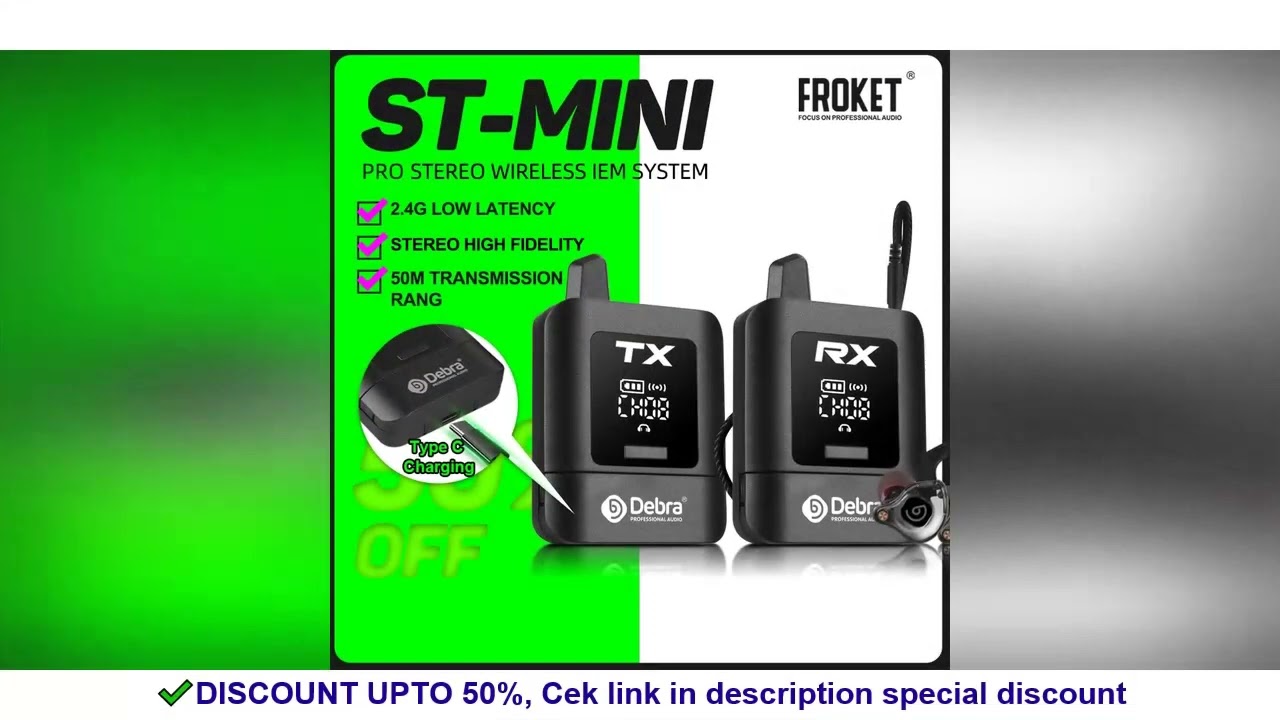 Debra ST-MINI Audio Stereo UHF IEM Wireless In-Ear Monitor System Rechargeable for Music Live Broadc