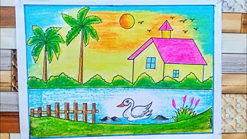 Easy Village Scenery Drawing | House, Trees, River and Duck | Beautiful Nature landscape Drawing