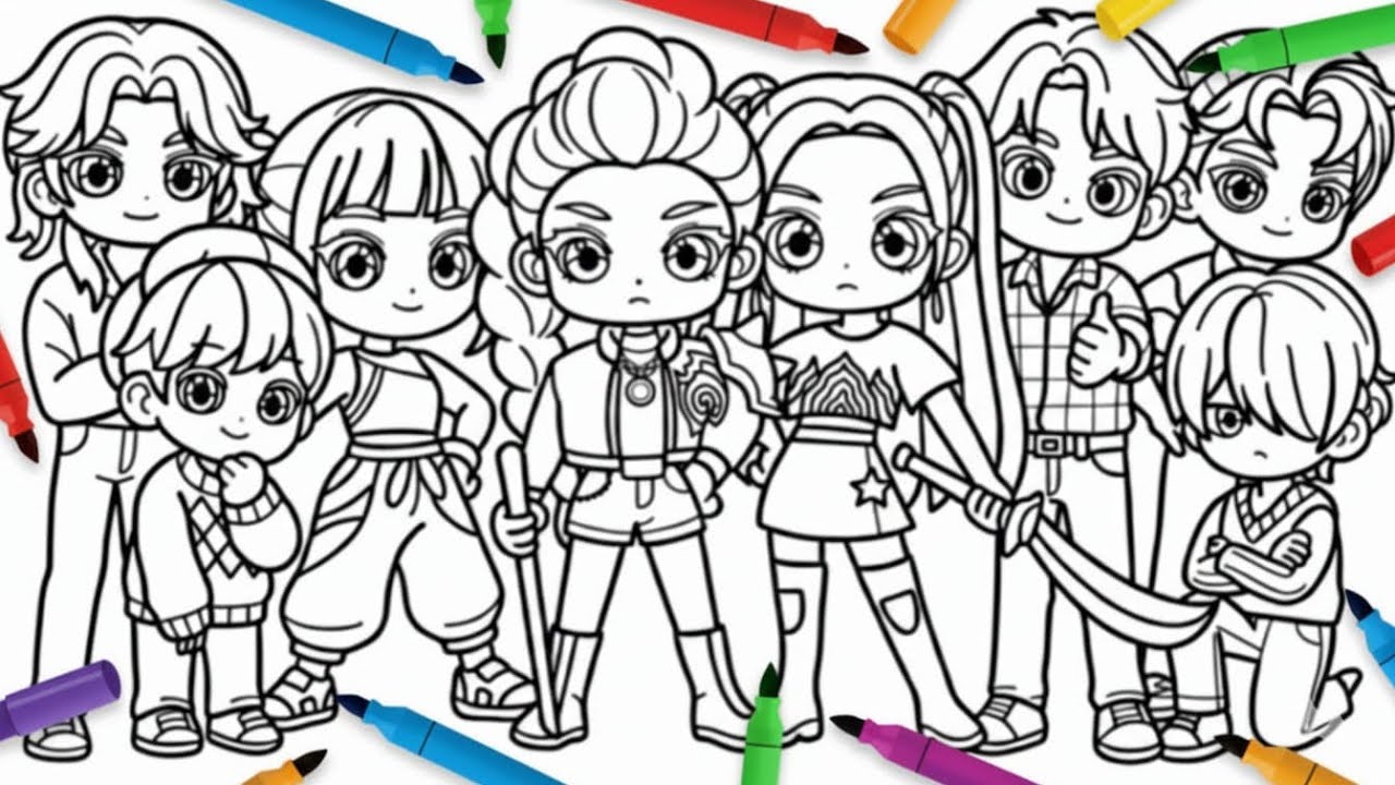 KPop Demon Hunters Cute Version New Coloring Pages / How to Color Huntrix and Saja Boys 
