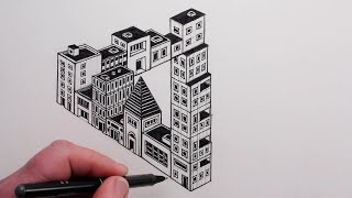 How to Draw Simple Buildings starting with cubes and ending in the shape of The Impossible Triangle
