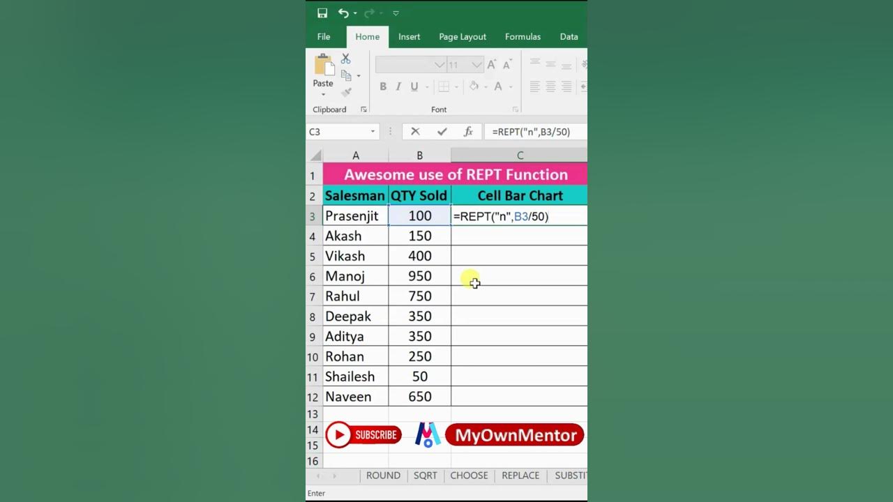 MS Excel Excel Cell Bar Chart REPT Function short shortvideo 