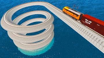 Impossible Weird Spiral Rail Tracks Vs Trains Crossing Giant Pit - BeamNG.Drive