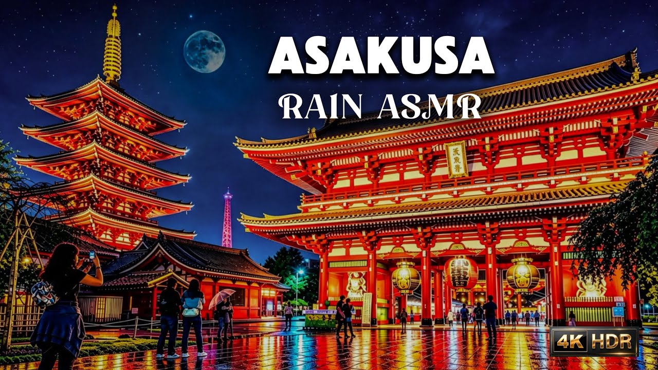 Tokyo Heavy Rain Walk in Asakusa (4K HDR ASMR) - Traditional Streets & Full Moon Sleep Sounds