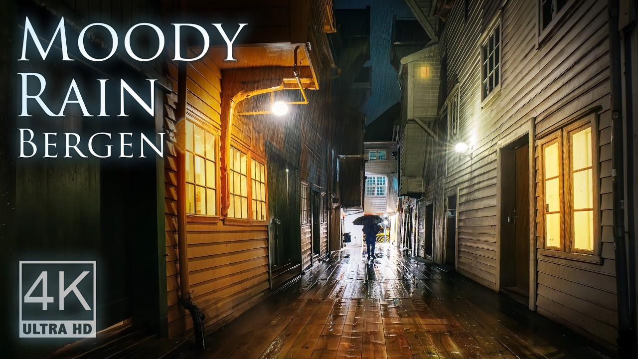 Moody Rain in Bergen | 4K Atmospheric Night Walk | Binaural Rain Sounds ...