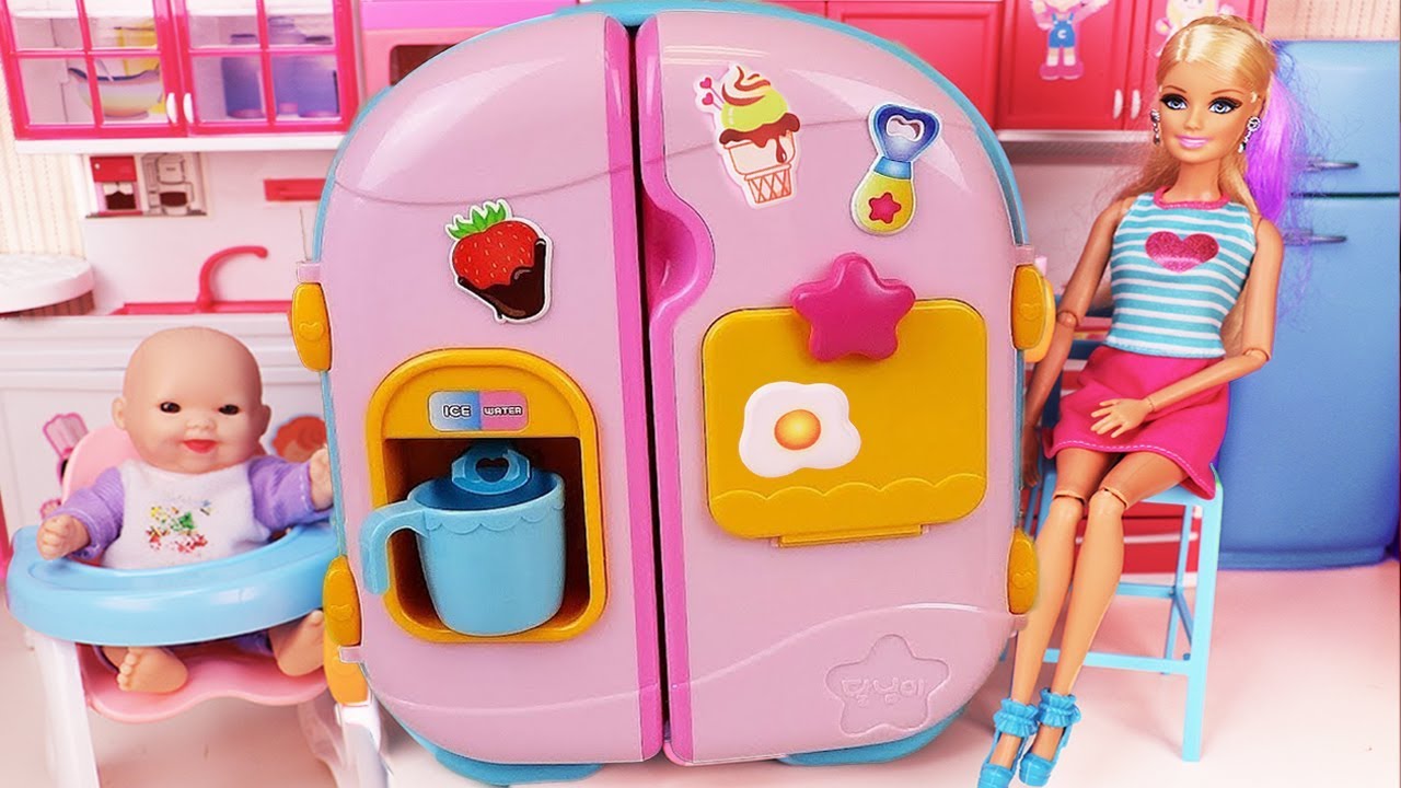 Baby Doll Refrigerator and Barbie Food Toys play morning routine 냉장고