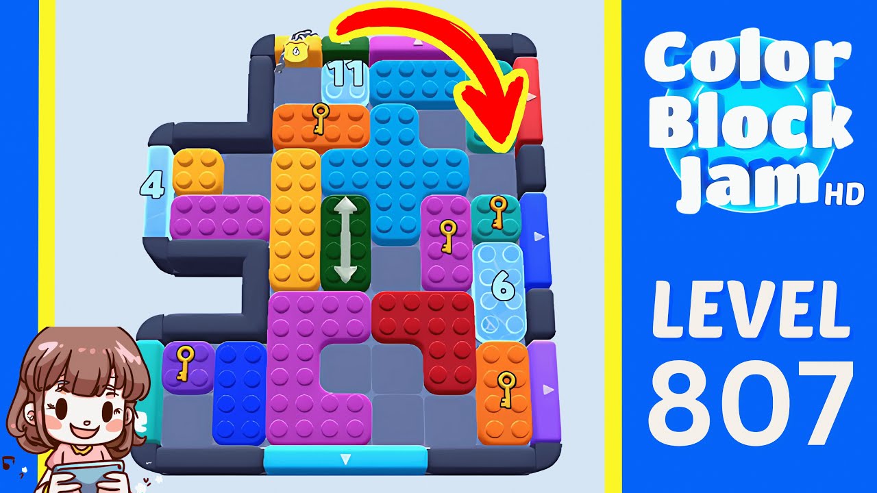 Color Block Jam Level 807 Level 807 source board identified by the title, with left-side notches, a top counter 11, left counter 4, right counter 6, central cyan mass, and pink/red lower clusters opening frame