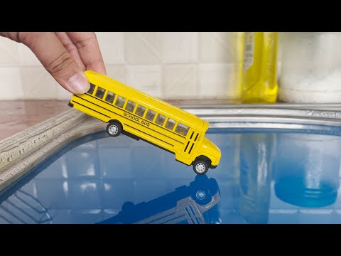 Tiny Bus Cars Driven By Hand Into The Water   Diecast Models