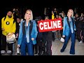 Celine Dion wears a denim blue ensemble greets fans and poses in NYC