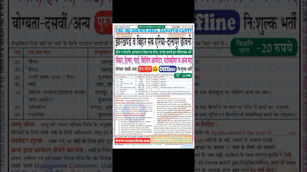 URC Jharkhand Bihar sab area Danapur cantt vacancy 2024 