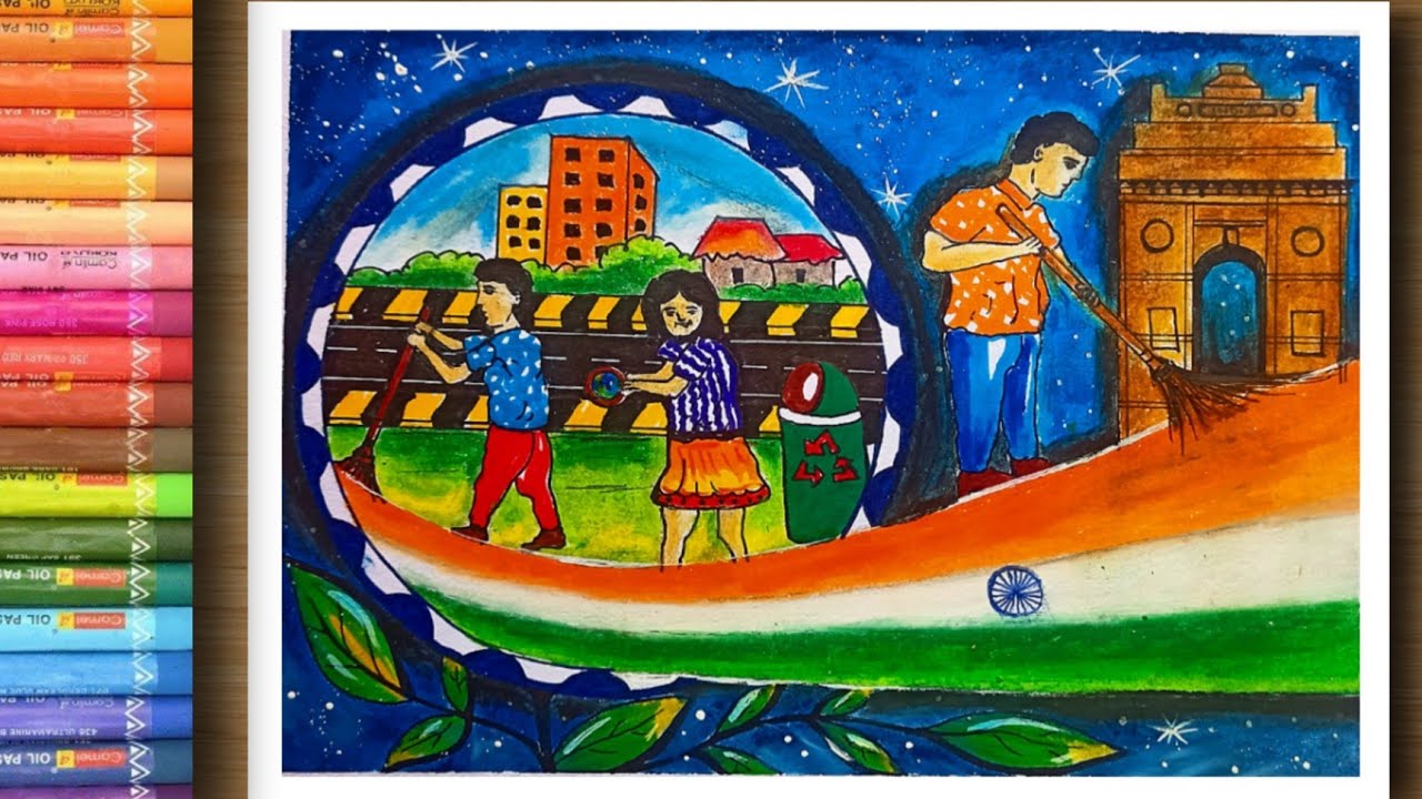 Sawach Bharat Abhiyan drawing with oil pastel|easy clean India ...