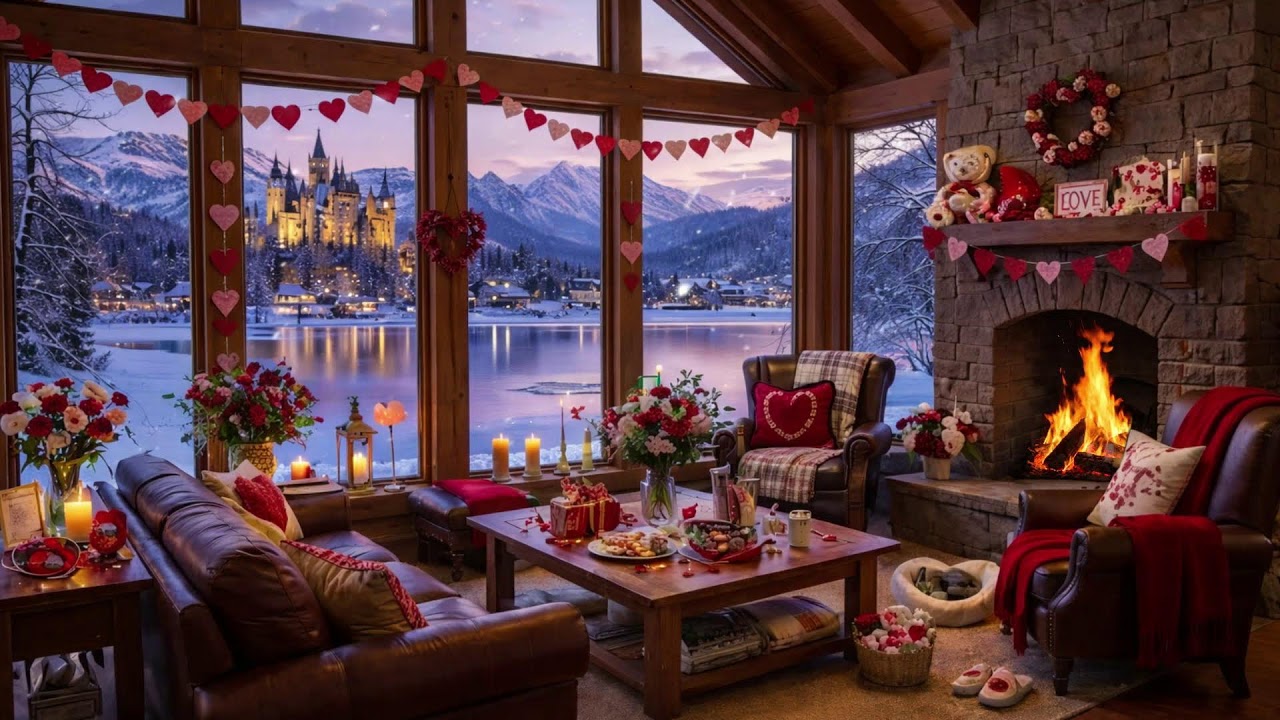 💖 Snowy Cabin Escape (NO MID-ROLL ADS) – Fireplace & Romantic Jazz Ambience