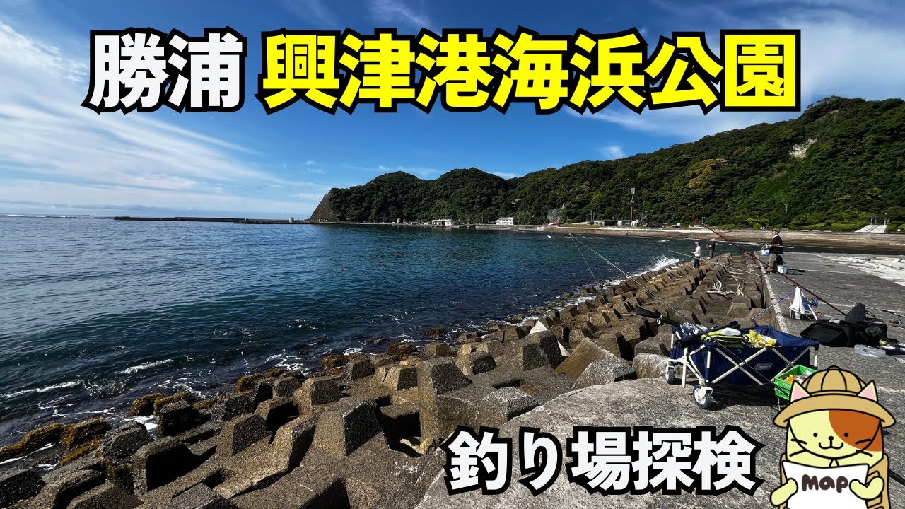 勝浦「興津港海浜公園」釣り場探検｜24時間無料の駐車場、トイレも完備された海水浴場横の突堤ポイント