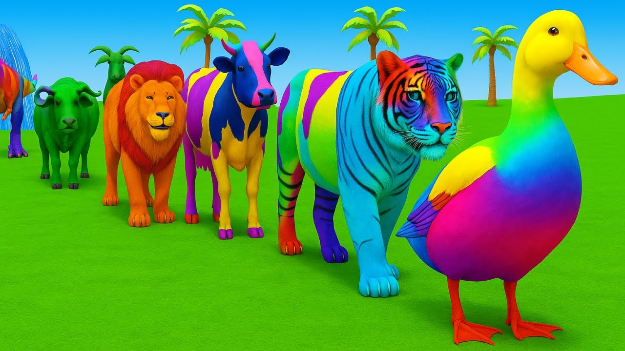 Long Slide Game With Cow Elephant Gorilla Hippopotamus Tiger - 3d Animal Game - Funny 3d Animals
