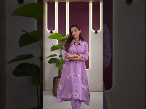 Lavender Roman Silk Kurti Palazzo Set with Gold Bird Thread Embroidery