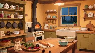 A Warm 1930s Kitchen — Another Room Where Soft Firelight Glows on Wooden Counters