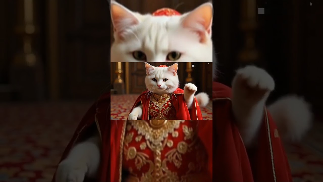 white cute cat in red stunning dress# dancing cat and standing on red carpet