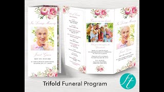 Trifold Funeral Program Template with Pink Watercolor Flowers screenshot 5