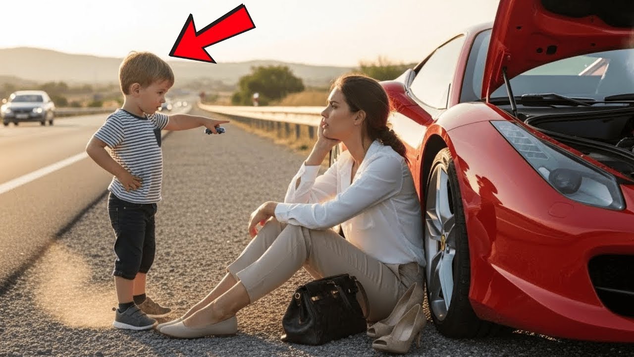 "My dad can fix it," the boy said to the millionaire stranded with her Ferrari on the highway."