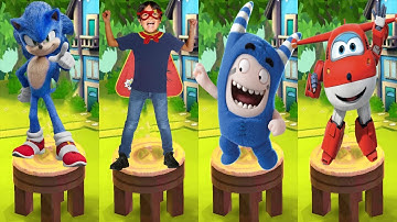 Tag with Ryan vs Sonic Dash vs Oddbods Turbo Run vs Super Wings Jett Run - All Characters Unlocked